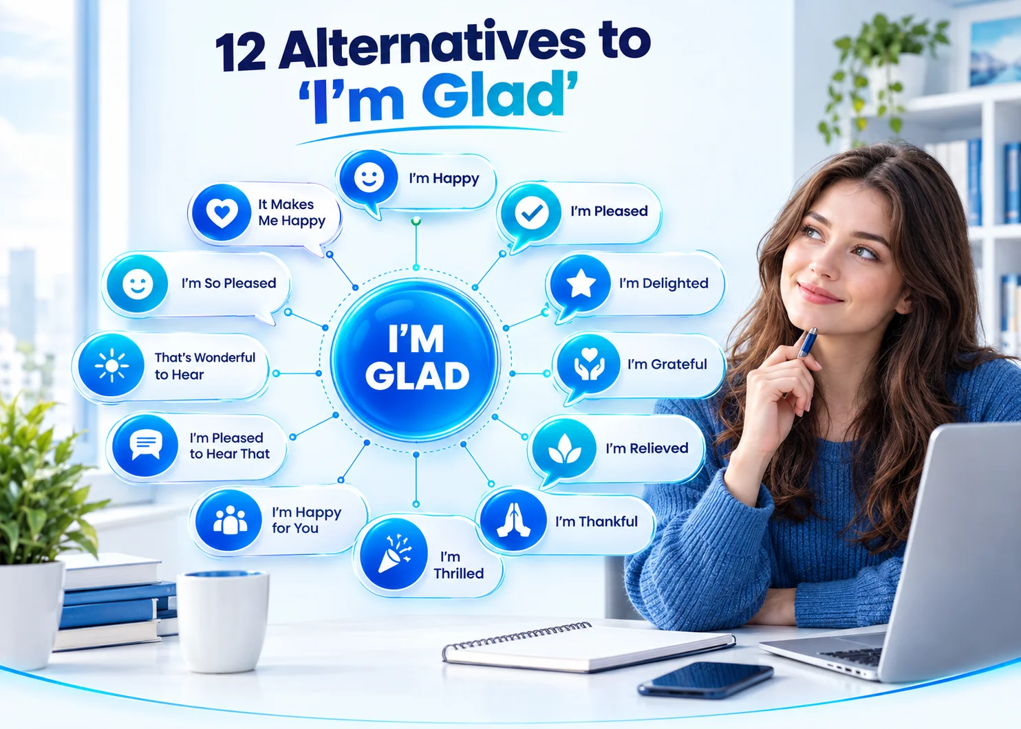 12 alternatives to “I’m glad,” including I’m happy, I’m pleased, I’m delighted, and I’m grateful