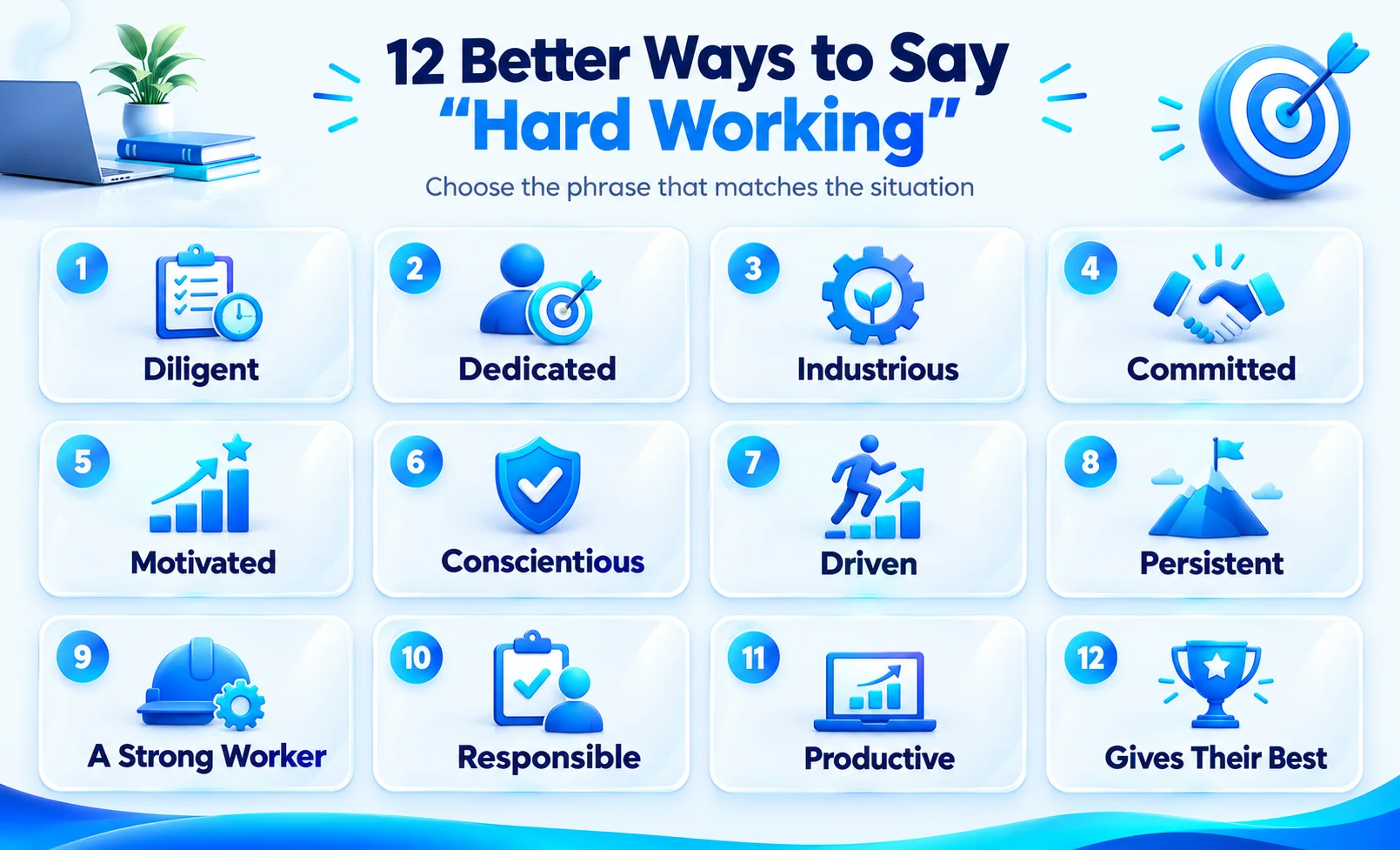 12 alternatives to say hard working including diligent, dedicated, industrious, and motivated