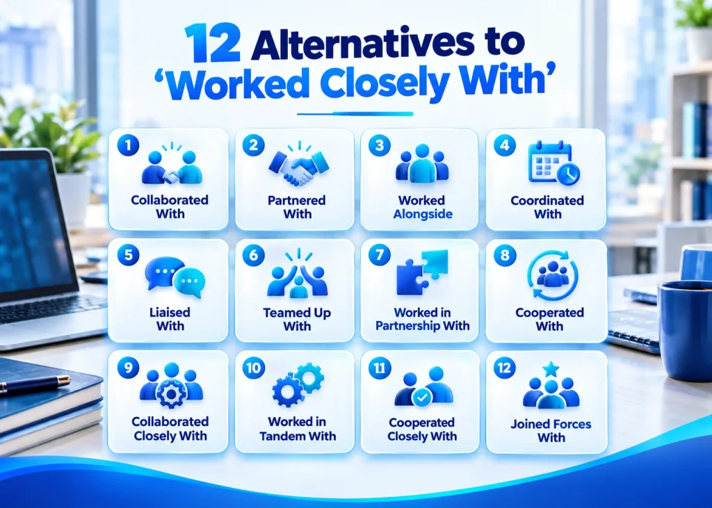 12 professional alternatives to “worked closely with” including collaborated with and partnered with