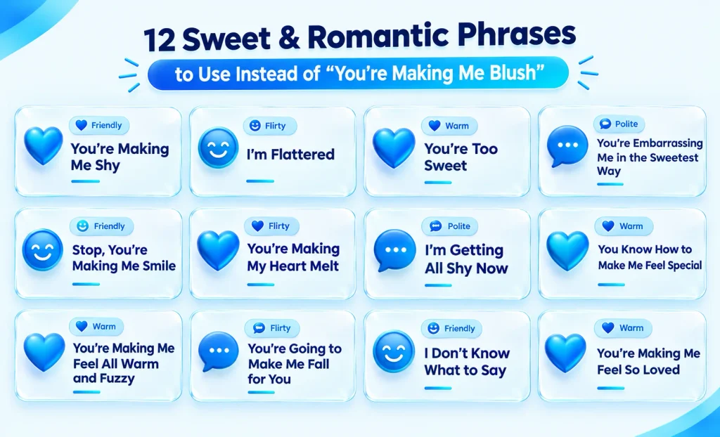 Twelve alternative phrases for saying you're making me blush, grouped by conversational tone.