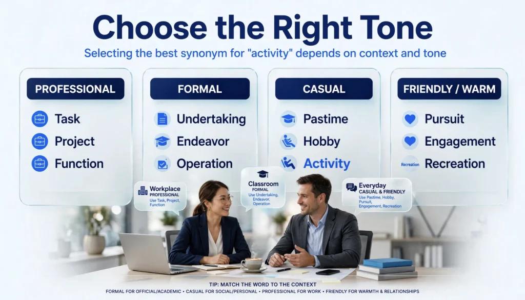 Activity synonyms compared by formal, professional, casual, and friendly tone