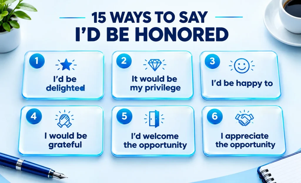 Infographic showing professional alternatives to saying I would be honored, including I'd be delighted and it would be my privilege.