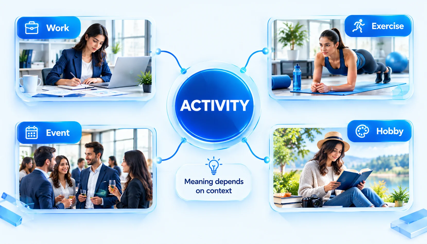 Another way to say activity explained through different contexts such as work, exercise, events, and hobbies