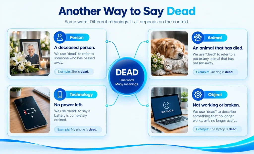 Different meanings of dead including a deceased person, dead battery, and nonworking device
