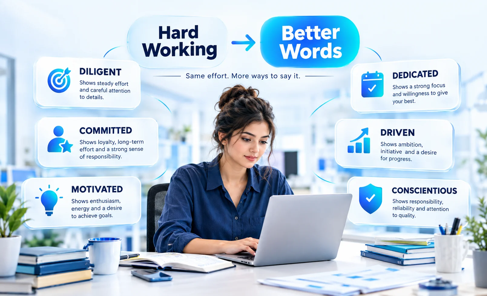 Another way to say hard working synonyms including diligent, dedicated, driven, and committed