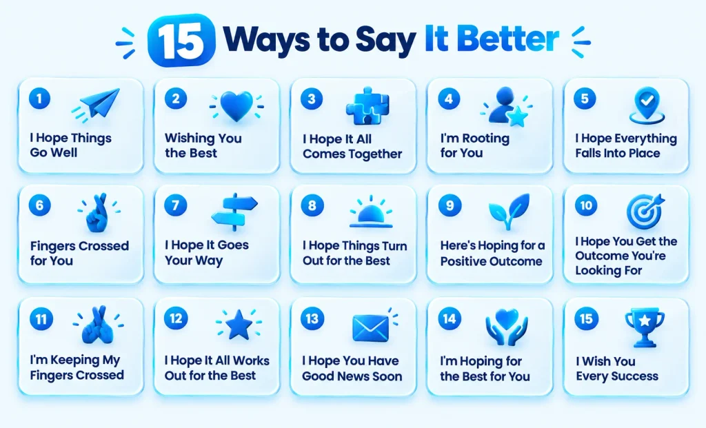 Infographic showing alternative phrases for I hope everything works out, including wishing you the best and I'm rooting for you.