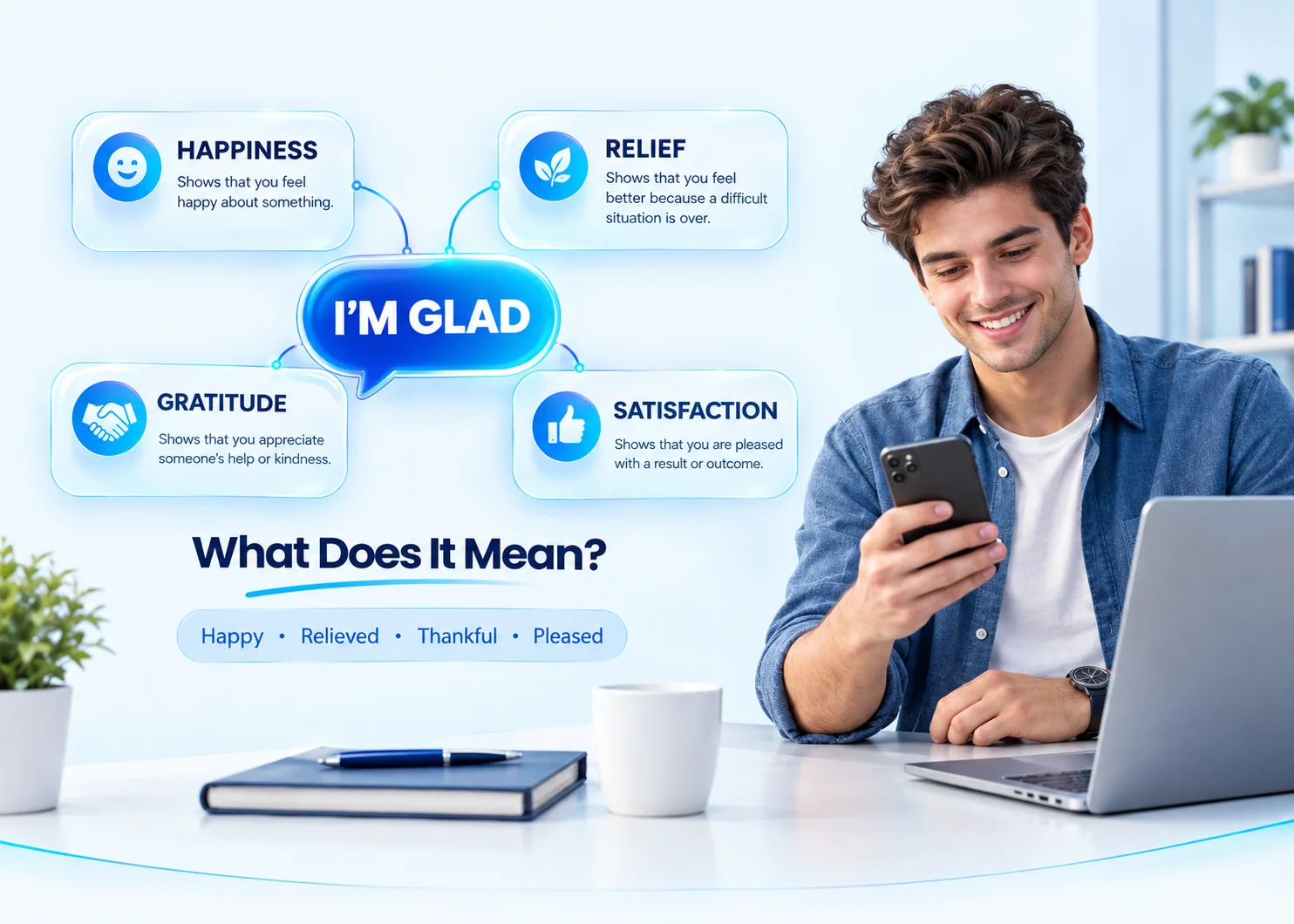 Meaning of “I’m glad” and different emotions such as happiness, relief, gratitude, and satisfaction