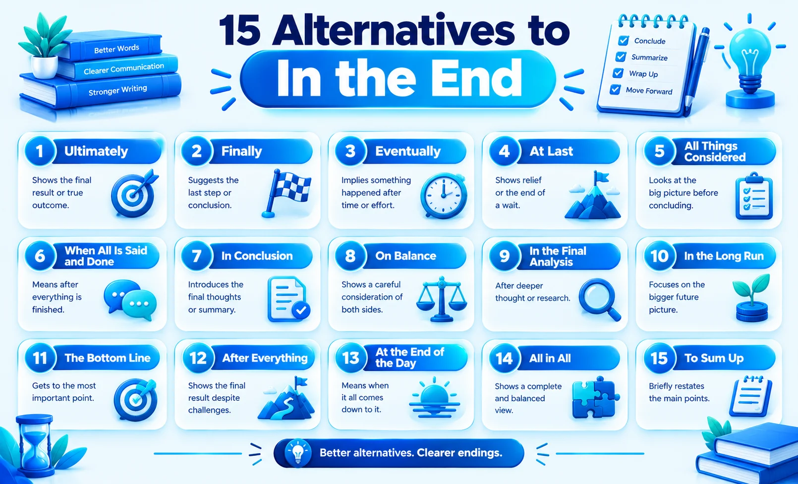 15 alternatives to say in the end, including ultimately, finally, and eventually.