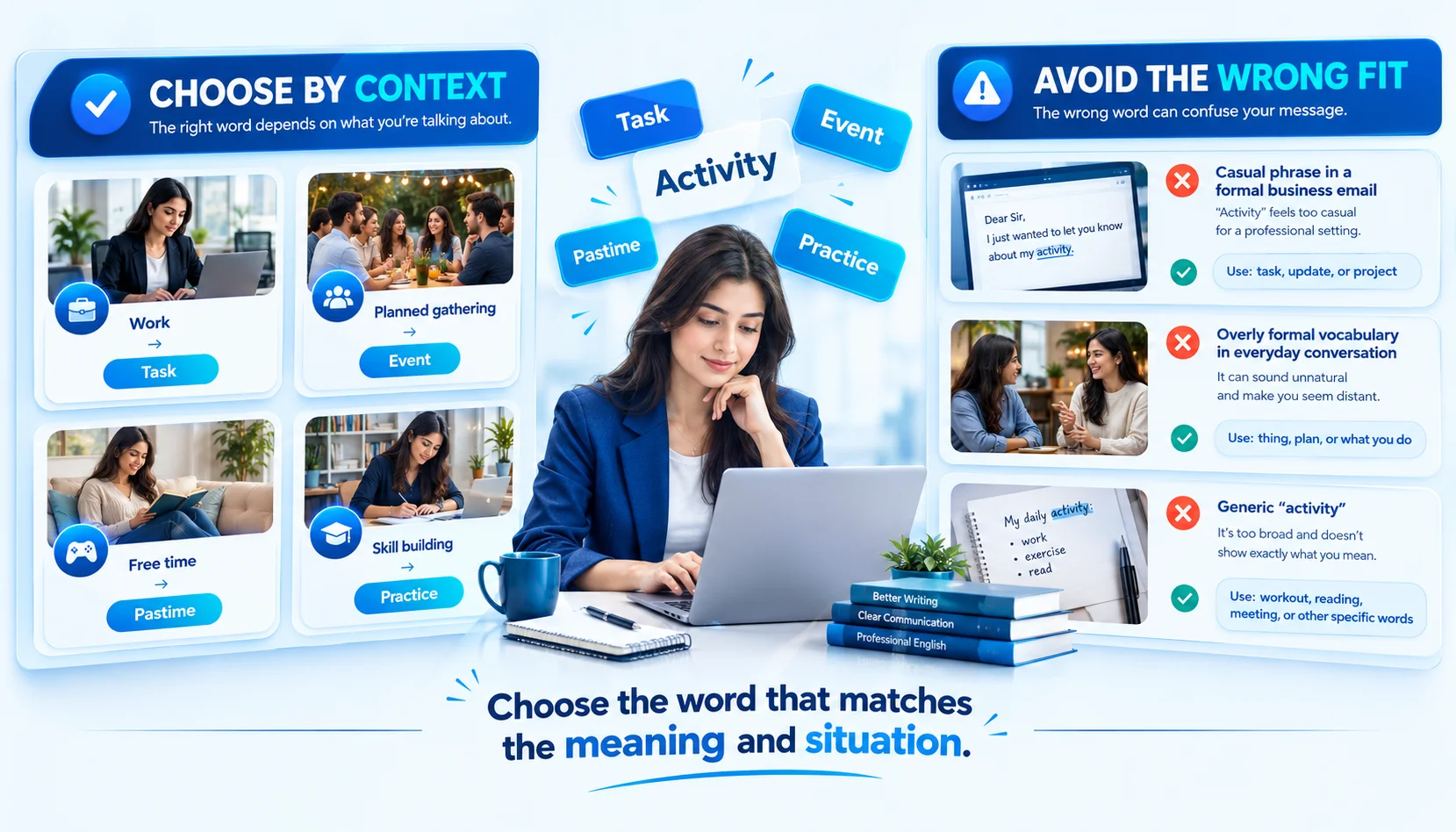 Choosing the right alternative for activity based on context, tone, and meaning