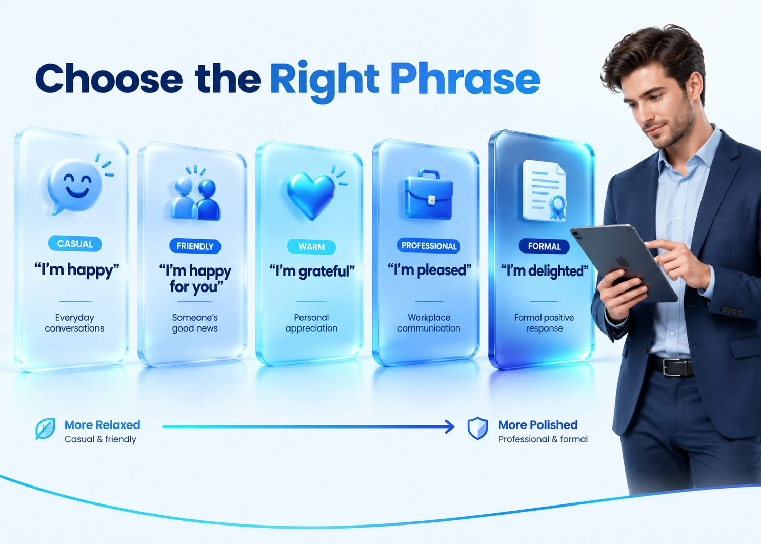 Comparison of “I’m glad” alternatives by tone, including casual, friendly, warm, professional, and formal