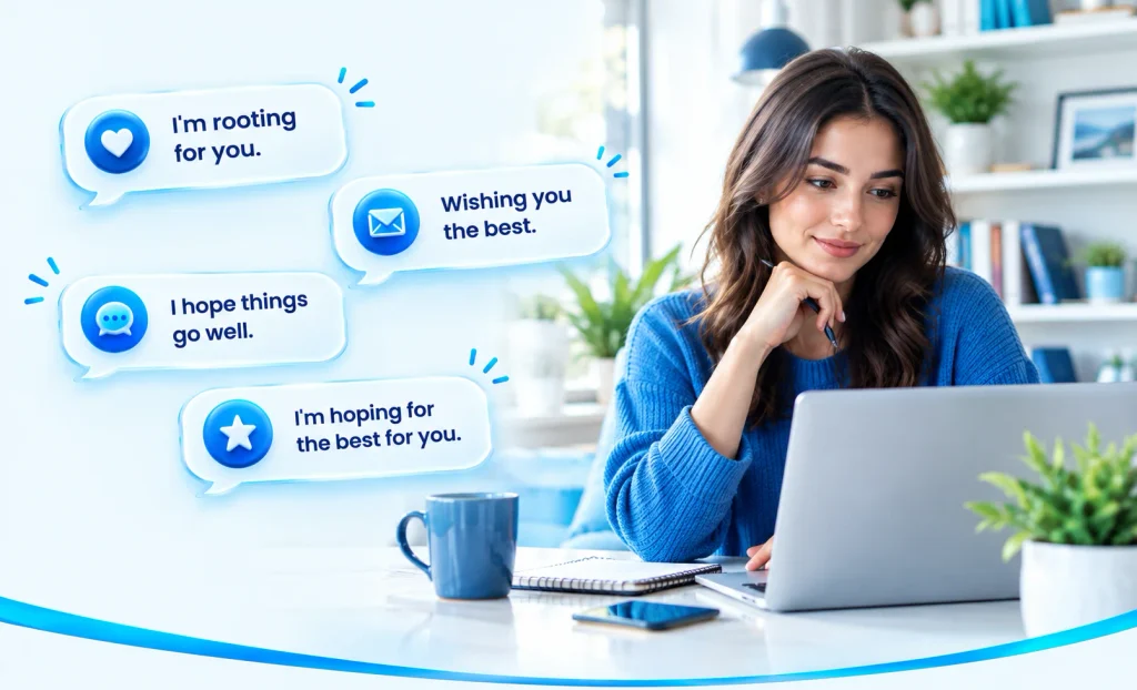 Woman considering supportive phrases for a personal message on her laptop.
