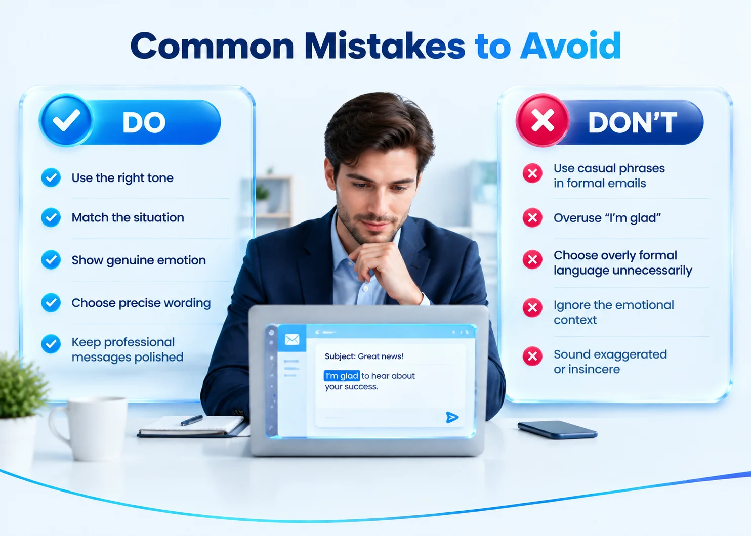 Common mistakes when choosing alternatives to “I’m glad,” with professional, casual, context, repetition, and sincerity tips