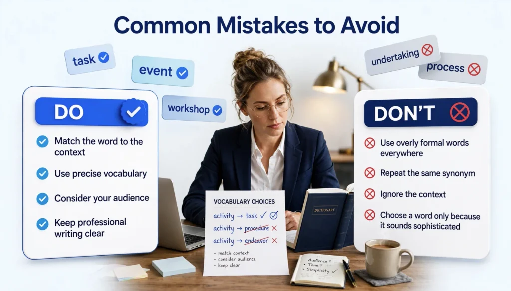 Common mistakes when using synonyms for activity in professional and casual writing