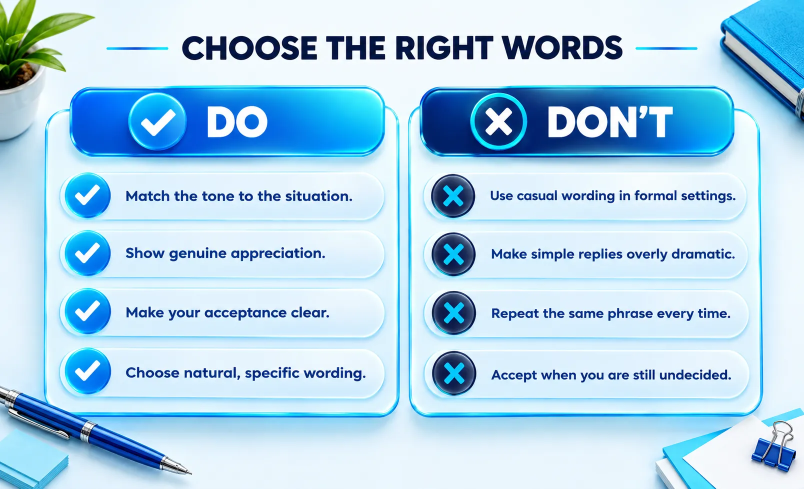 Do’s and don’ts for choosing polite expressions based on formality, context, and sincerity.