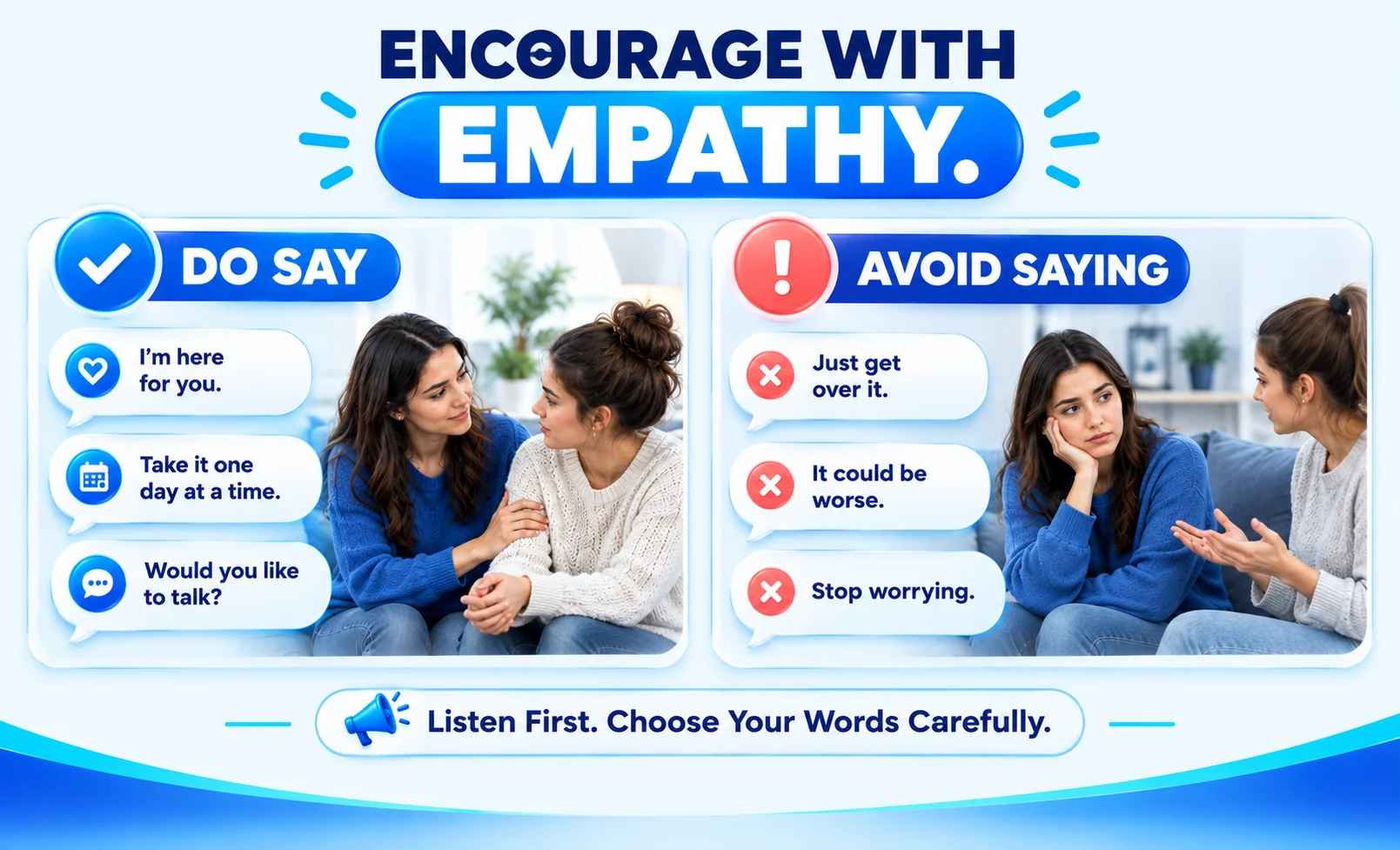 Do’s and don’ts infographic comparing empathetic encouragement with dismissive phrases during difficult situations.