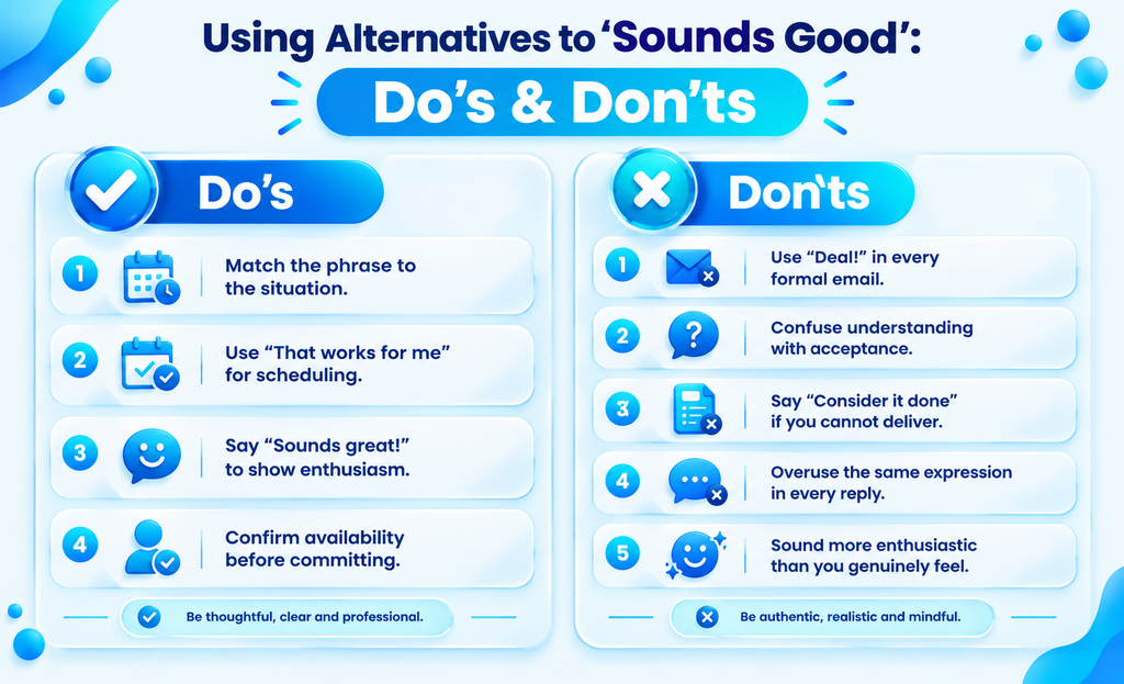 Do’s and don’ts for choosing appropriate alternatives to sounds good in different conversations.