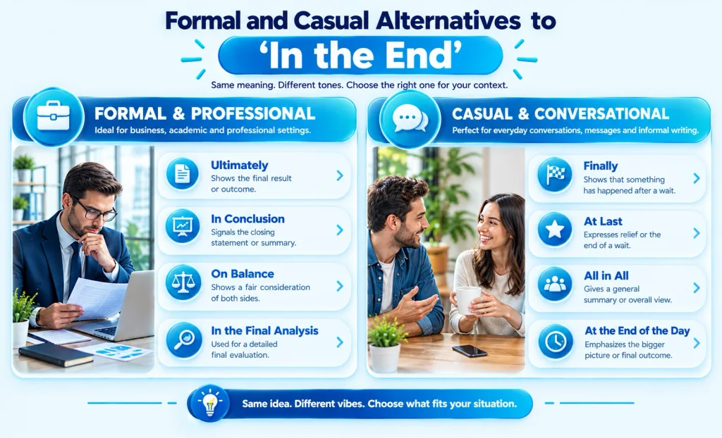 Comparison of formal and casual alternatives to in the end for work, essays, and conversations.