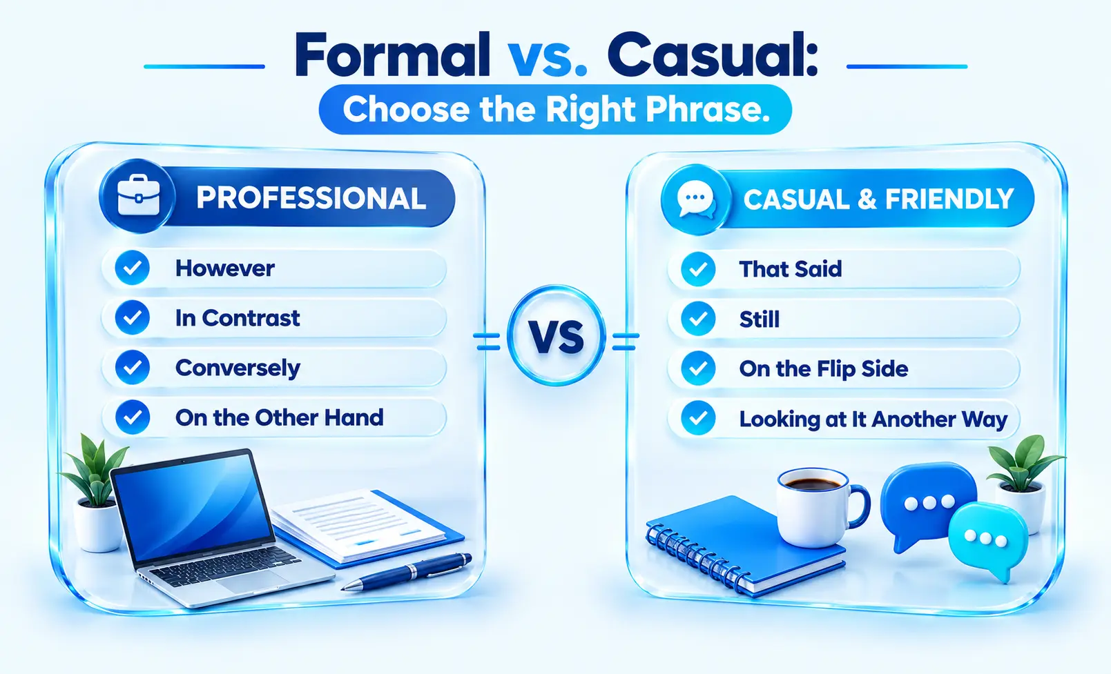 Comparison of formal and casual alternatives to on the flip side for professional writing and everyday conversation.