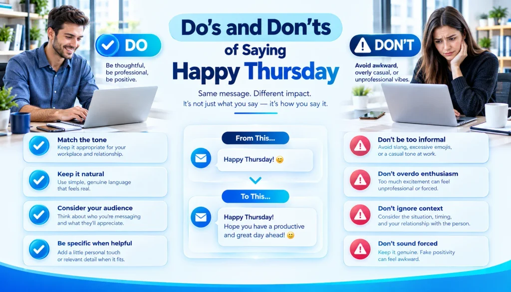 Happy Thursday greeting do's and don'ts for professional, casual, and friendly communication