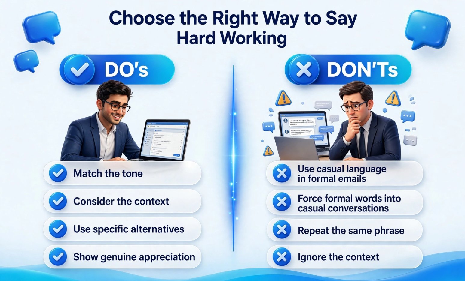Dos and don'ts for using alternatives to hard working in professional and casual writing