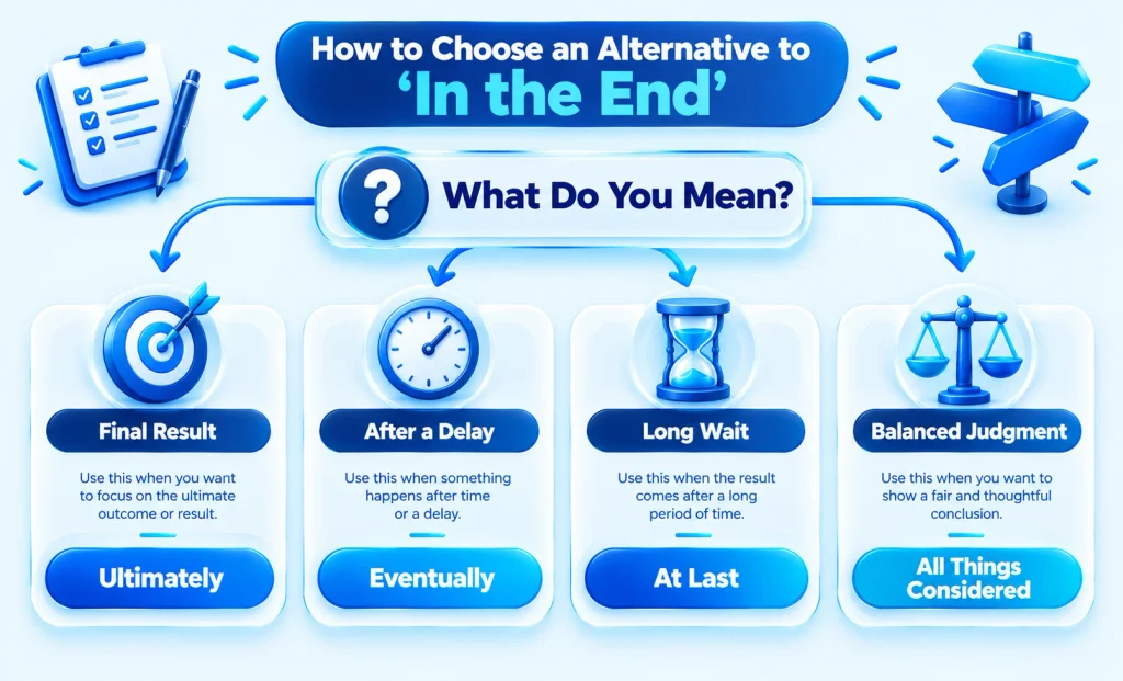 Decision guide showing which alternative to in the end fits different writing situations.