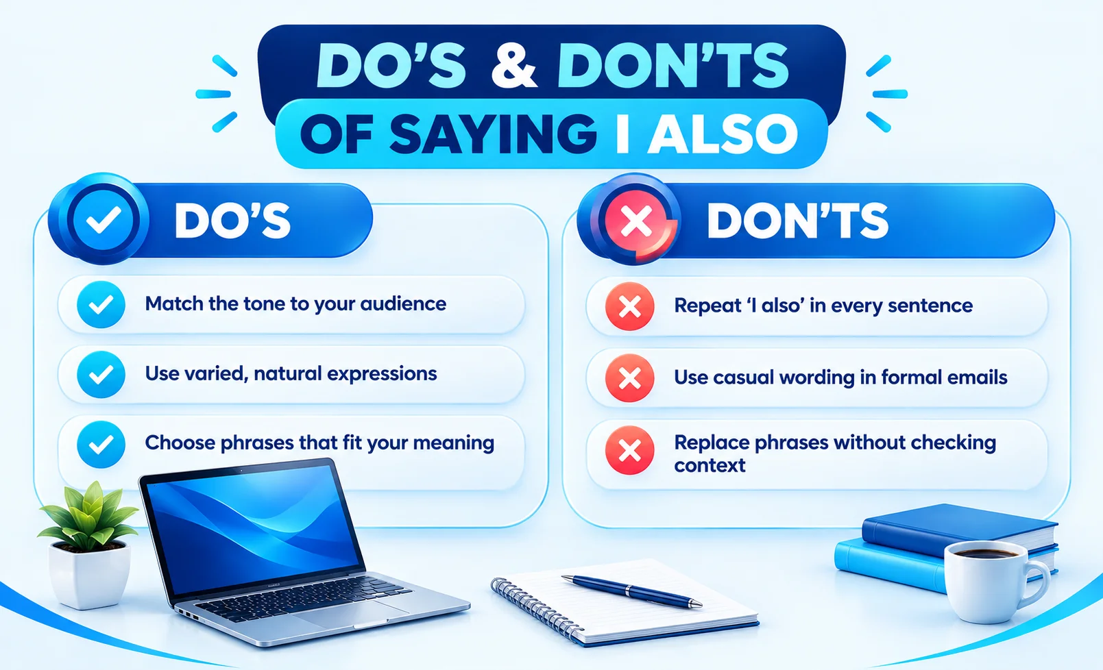 Dos and don'ts for using alternatives to I also in professional writing and casual English