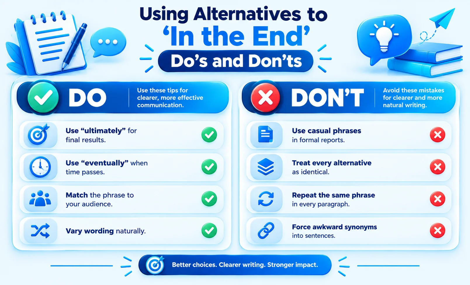 Do’s and don’ts for choosing natural alternatives to in the end in professional and casual writing.
