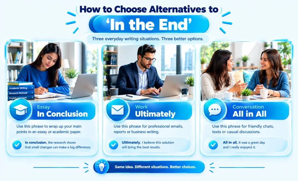 Examples of alternatives to in the end for essays, workplace emails, and everyday conversations.
