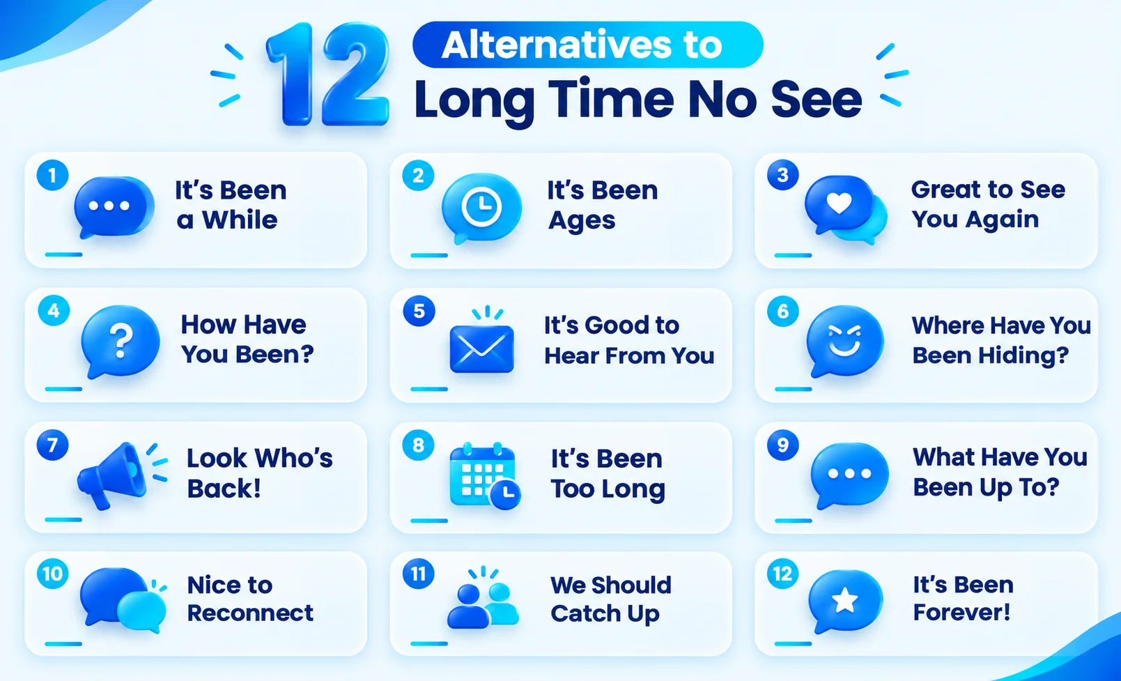 Infographic showing alternatives to long time no see, including it’s been a while and great to see you again.