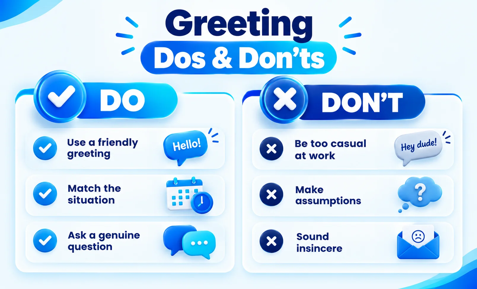 Do and don’t guide showing appropriate professional greetings and overly casual phrases to avoid.