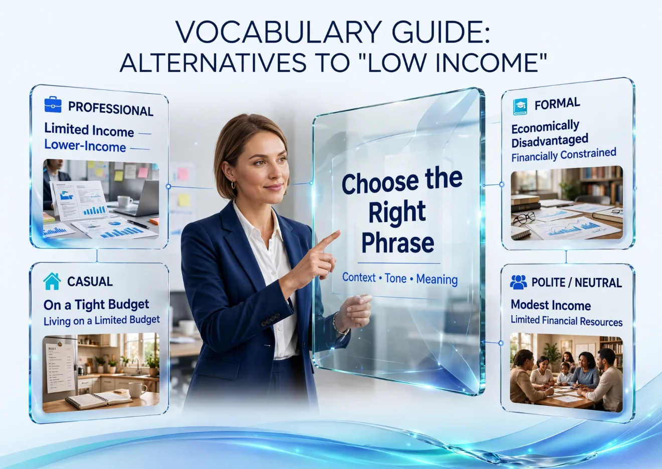 Situation-based guide showing professional, formal, casual, and polite alternatives to low income