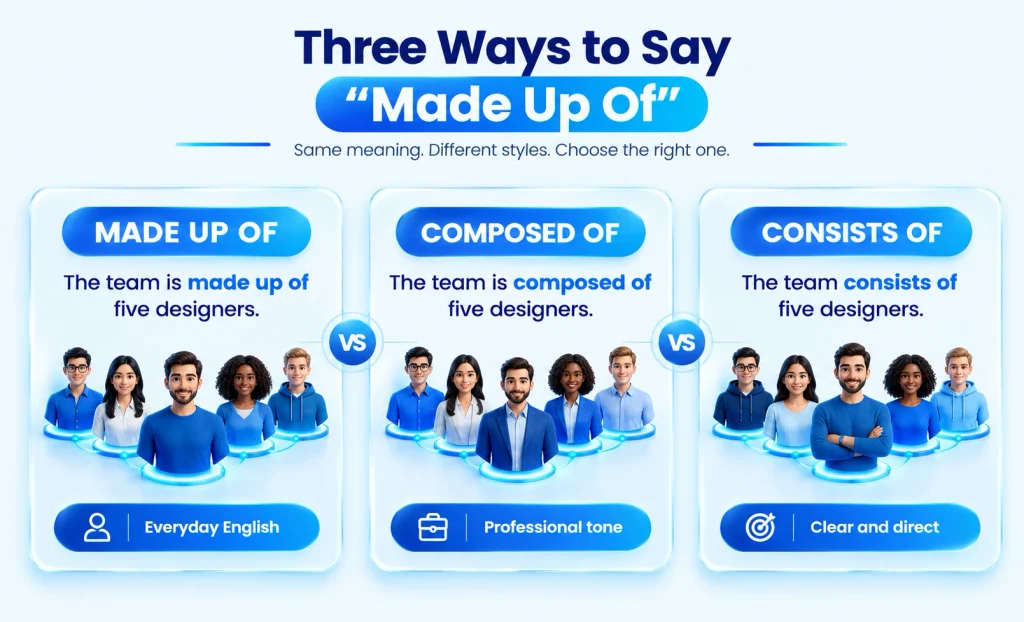 Comparison of made up of, composed of, and consists of with example sentences and usage differences.
