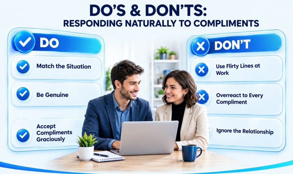 Do’s and don’ts for choosing natural responses to compliments in different situations.