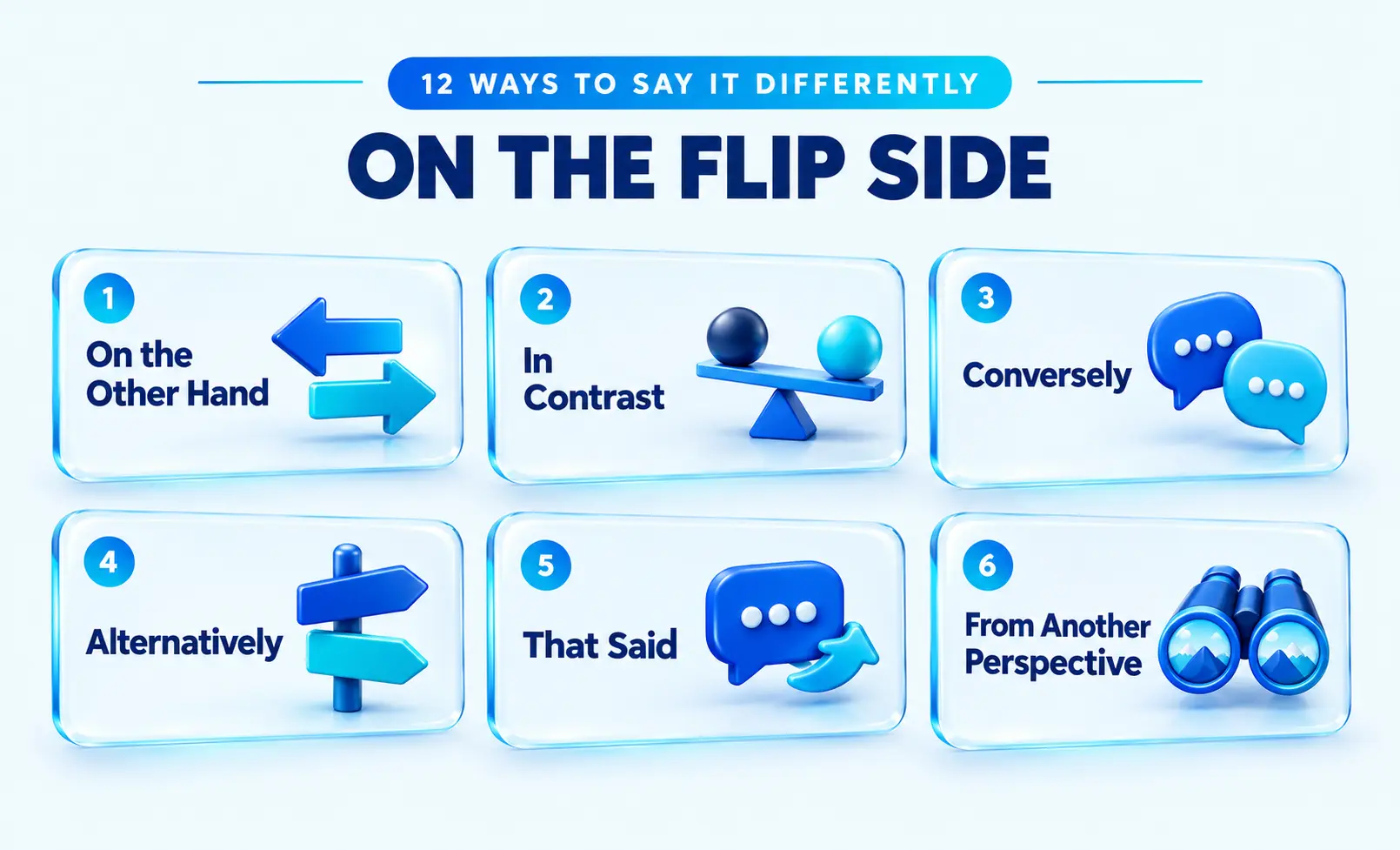 Infographic showing alternatives to on the flip side, including on the other hand, in contrast, and alternatively.