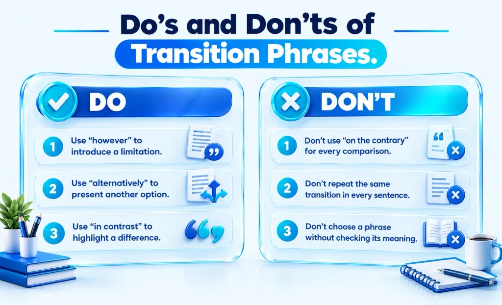 Do’s and don’ts for using on the flip side and other English transition phrases correctly.