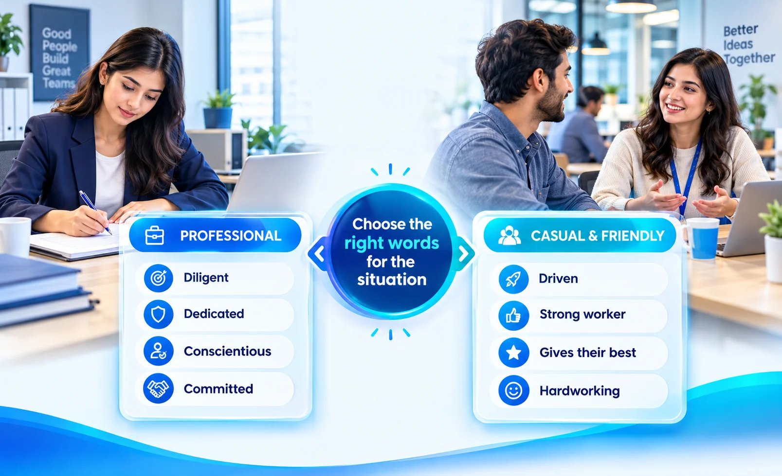 Professional and casual alternatives to say hard working in different situations