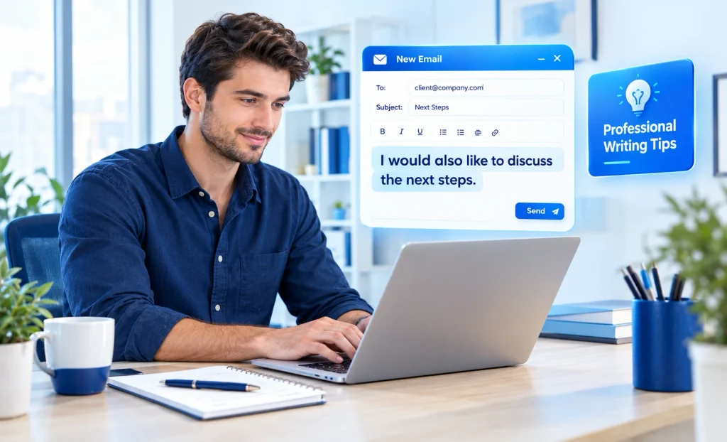 Professional writer composing an email using polite alternatives to I also on a laptop