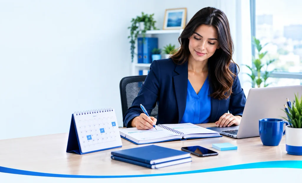 Professional woman organizing her work schedule with a laptop, planner, and calendar in a bright home office.