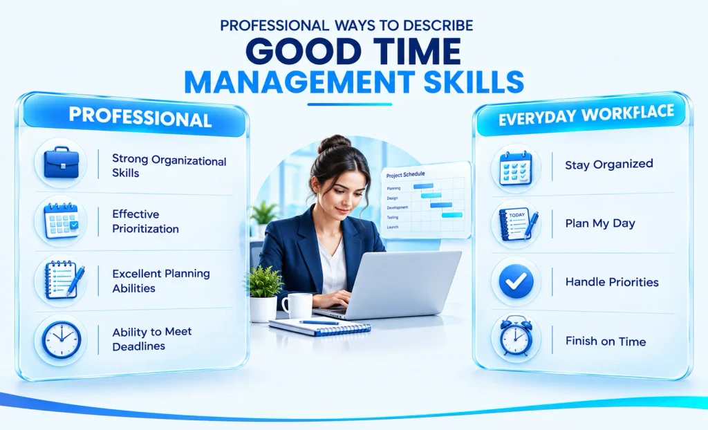 Comparison infographic showing professional phrases for describing time management skills on resumes and in workplace conversations.