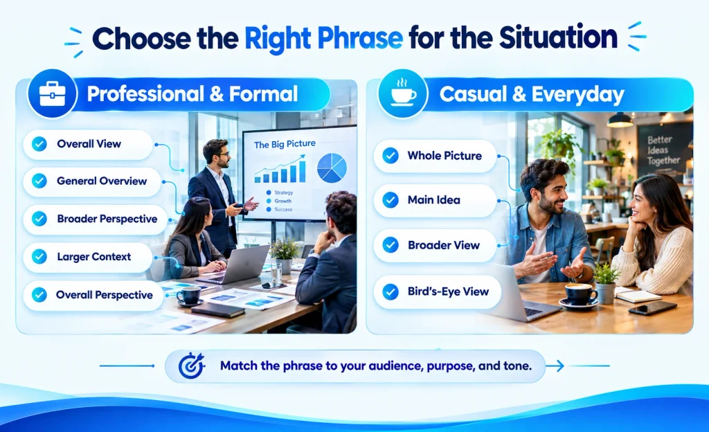 Professional and casual alternatives to saying big picture in different situations