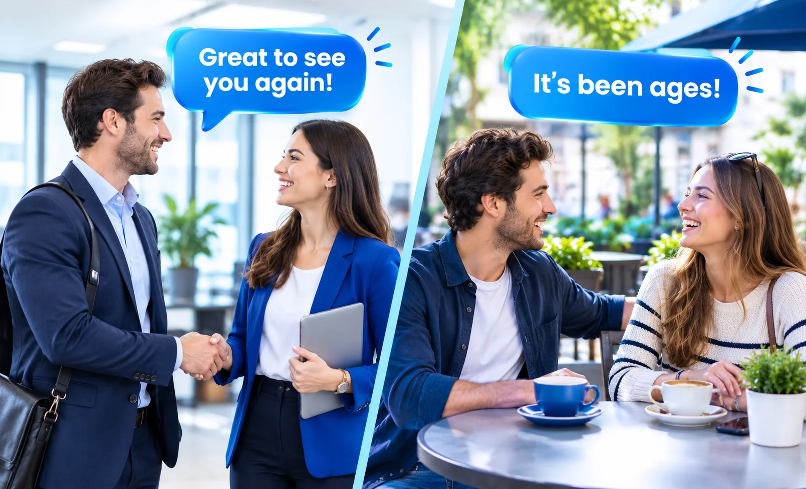 Comparison of professional and casual ways to say long time no see in workplace and friendly conversations.