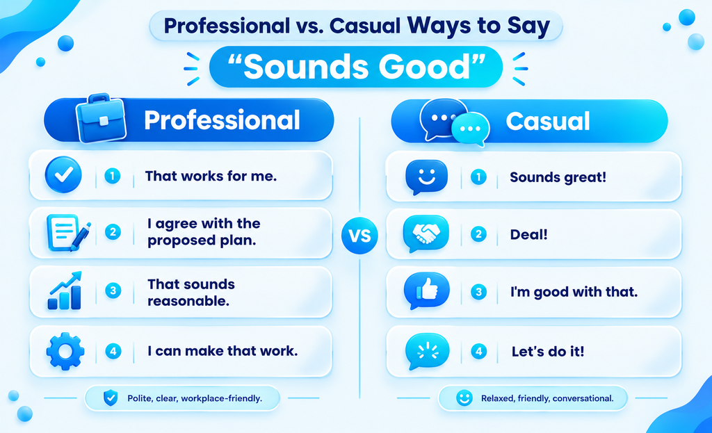 Professional and casual alternatives to sounds good with examples for different situations.