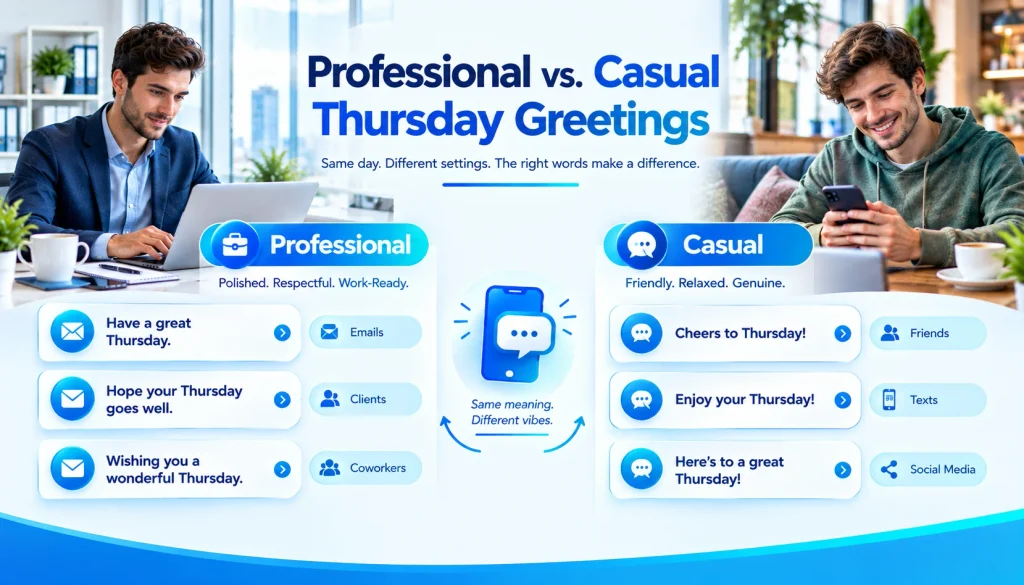 Professional vs casual Thursday greetings for emails, coworkers, friends, and personal messages