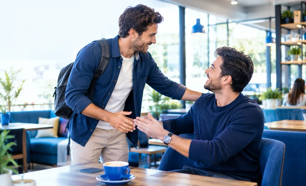 Two old friends smiling and greeting each other at a cafe after a long time apart.