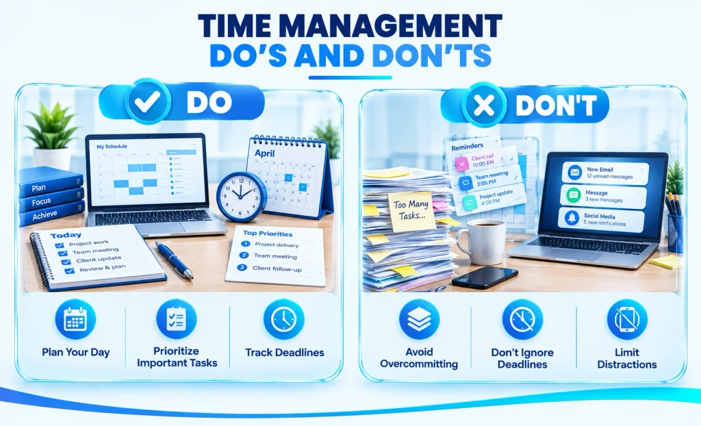 Time management do’s and don’ts infographic comparing organized planning and prioritization with common scheduling mistakes.