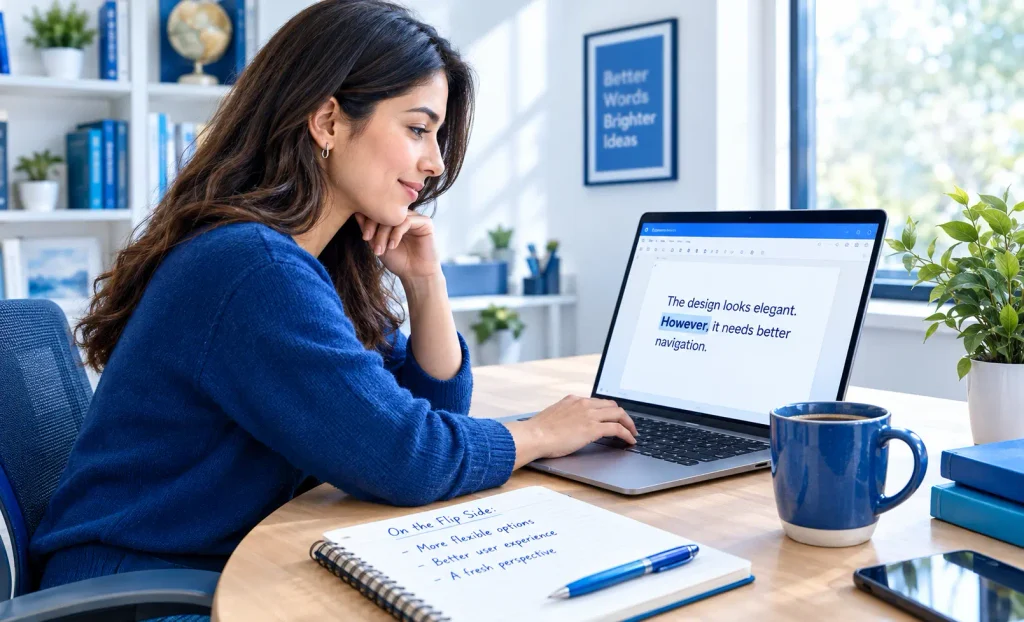 Young professional writing on a laptop at a desk while studying English transition phrases.