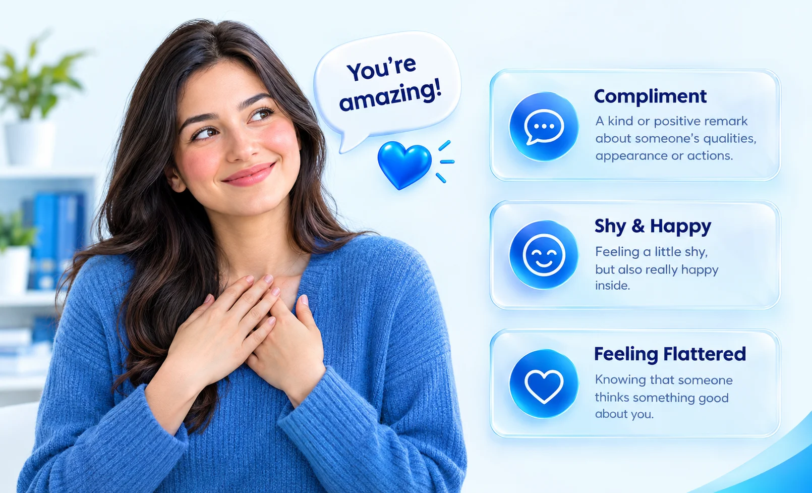 Illustration of a woman blushing after receiving a sweet compliment.